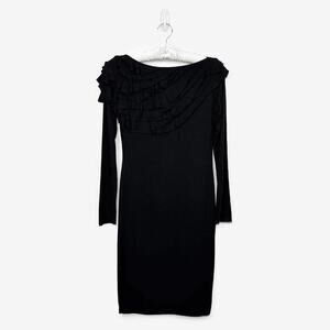 Isabel De Pedro Long Sleeve Ruffle Dress Size 12 Black Evening Noir Quiet Luxury